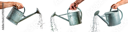 A set of metal watering cans in hands isolated on a white or transparent background. Water splashes and droplets pour out of the metal watering cans. Watering plants and flowers, gardening equipment.