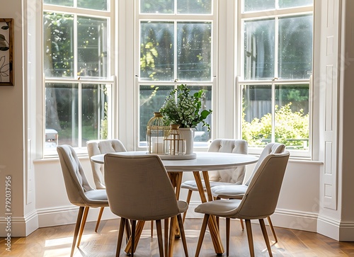 Modern dining room with a round table and chairs in front of a bay window, shown from an angled view in an angled shot, stock photo, light color theme with a bright background and less details © Mahwish