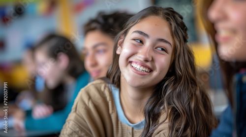 Surrounded by peers in a classroom environment, a female high schooler smiles brightly from her desk, her joyful demeanor capturing the spirit of camaraderie and shared experiences photo