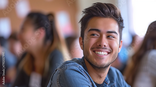 Amidst the lively atmosphere of a classroom discussion, a male student smiles warmly, showcasing a sense of enthusiasm and positivity in the midst of academic interactions with cla photo