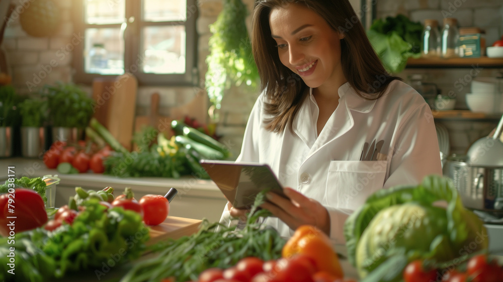 A cheerful female doctor in a pristine white coat, holding a tablet, surrounded by a colorful array of fresh vegetables in a sunlit kitchen. Her eyes sparkle with delight as she ad