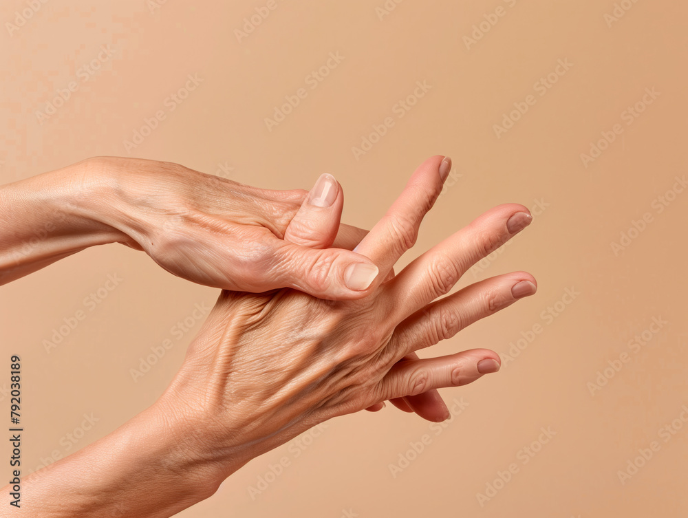 Fototapeta premium Human hand reaching out gesture on a beige background. Concept of assistance, connection, and human interaction. Design for social advertisement, poster, and healthcare communication with place for te