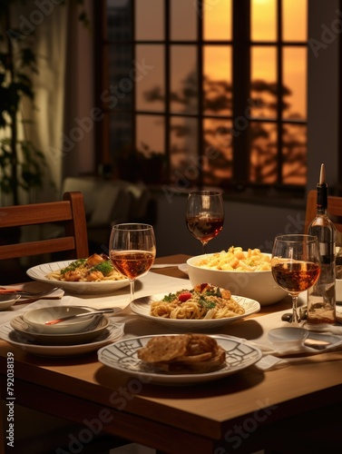 Elegant dinner table set at sunset - An intimate setting portrays an elegantly set dinner table with wine and food, bathed in the warm glow of a setting sun