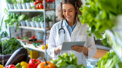 A cheerful female doctor in a pristine white coat, holding a tablet, surrounded by a colorful array of fresh vegetables in a sunlit kitchen. Her eyes sparkle with delight as she ad