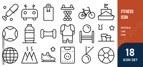 Fitness Line Editable Icons set. Vector illustration of modern thin line style icons of the components of an active lifestyle types of physical activity, proper nutrition, and sports equipment