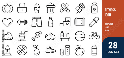 Fitness Line Editable Icons set. Vector illustration of modern thin line style icons of the components of an active lifestyle types of physical activity, proper nutrition, and sports equipment