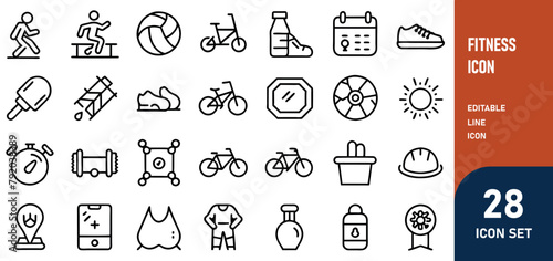 Fitness Line Editable Icons set. Vector illustration of modern thin line style icons of the components of an active lifestyle types of physical activity, proper nutrition, and sports equipment