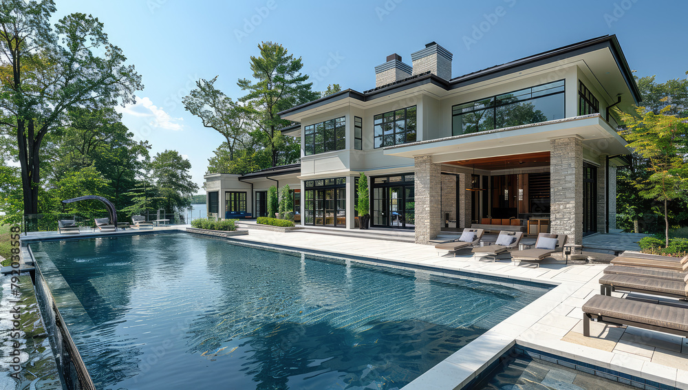  A luxurious lakefront home with an elegant pool and outdoor living space, showcasing sophisticated architecture and lavish furnishings. Created with Ai