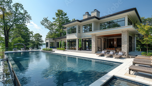  A luxurious lakefront home with an elegant pool and outdoor living space, showcasing sophisticated architecture and lavish furnishings. Created with Ai © Artistic Assets