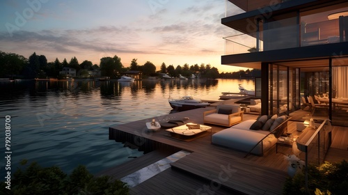 Luxury villa on the lake at sunset. Panorama © Iman
