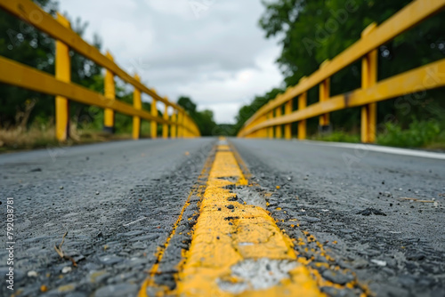 A yellow line is painted on a road. The road is empty and the sky is cloudy. The yellow line is the only thing visible in the image photo