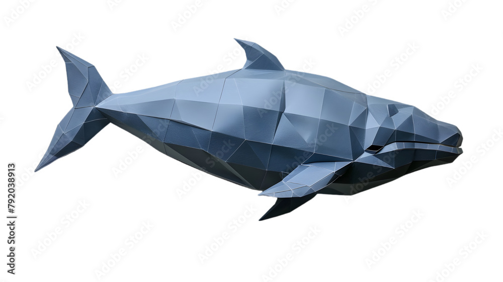 Fototapeta premium A minimalist paper art of a blue origami whale, transparent background, PNG Cutout