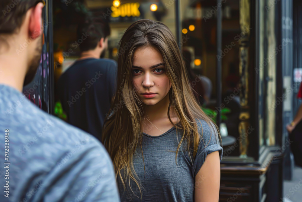 A woman with long hair is standing in front of a man. She is looking at ...