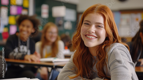 Seated at a desk alongside fellow classmates, a female high school student from the USA smiles warmly in a portrait that encapsulates the spirit of community and positivity within