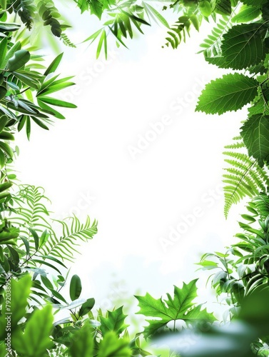 Lush greenery frame on a bright background - Fresh green leaves arranged in a dense, natural frame with a bright center, evoking feelings of growth and vitality