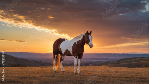 American Paint Horse in the Herd and Running, Colorful American Quarter horse - Generative AI photo