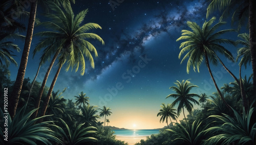 Nighttime tropical scene framed by lush palm fronds against the starry sky.