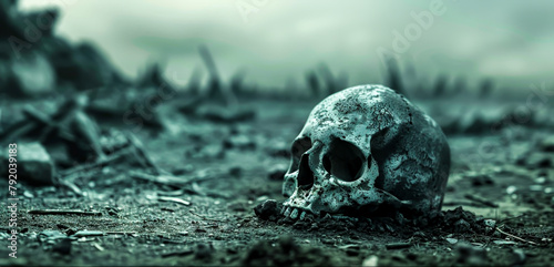 A skull is laying on the ground in a desolate, barren landscape. The skull is surrounded by dirt and rocks, and the overall scene is eerie and unsettling