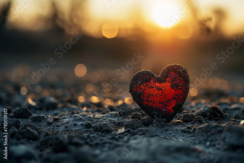 A heart is sitting on the ground in a field. The sun is setting in the background, casting a warm glow over the scene. The heart is surrounded by dirt and rocks, giving it a sense of isolation