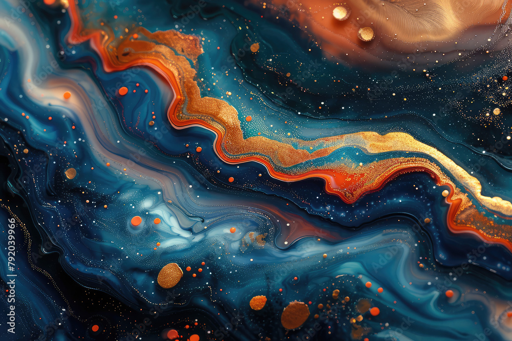 A closeup of swirling, marbled paint in deep blue and gold hues with an orange accent on the right side. Created with Ai
