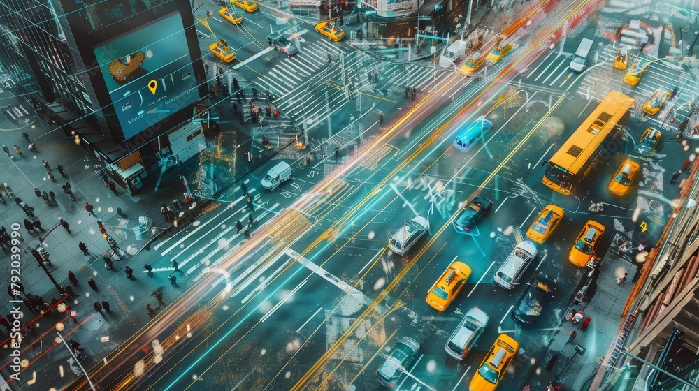 Urban Symphony Futuristic Cityscape with Dynamic Holographic Traffic Data and Public Transit Lines