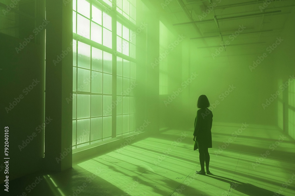 Fototapeta premium Silhouette of a Woman in an Abstract Illustration Against the Backdrop of an Abandoned Interior: Conceptual Artwork Depicting Solitude and Mystery