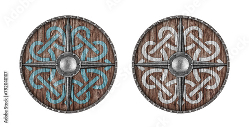 Old decorated wooden round shield isolated on white background © Jakub Krechowicz