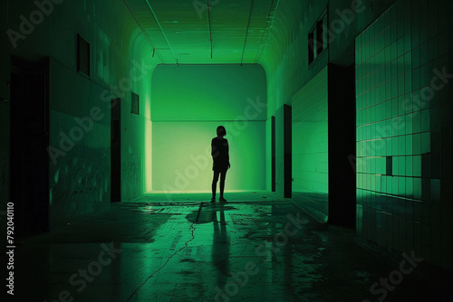  Silhouette of a Woman in an Abstract Illustration Against the Backdrop of an Abandoned Interior: Conceptual Artwork Depicting Solitude and Mystery © Baron Von Fedorov