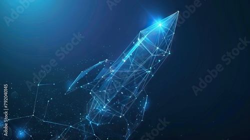 Mans hand pointing to light rocket on dark background. AI generated illustration