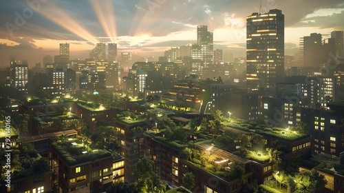 Urban Oasis Rooftop Gardens in the Cityscape A Stunning Display of Interconnected Green Spaces at Dusk