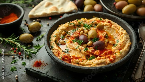 Close-up of a platter of fresh Lebanese hummus with olives, pita bread, herbs, and paprika. Concept Food Photography, Lebanese Cuisine, Fresh Ingredients, Mediterranean Appetizer, Food Styling