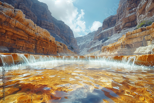 The intersection of a flood and a desert canyon  depicting the collision of rushing waters and dry rock formations. Concept of water erosion in arid regions. Generative Ai.