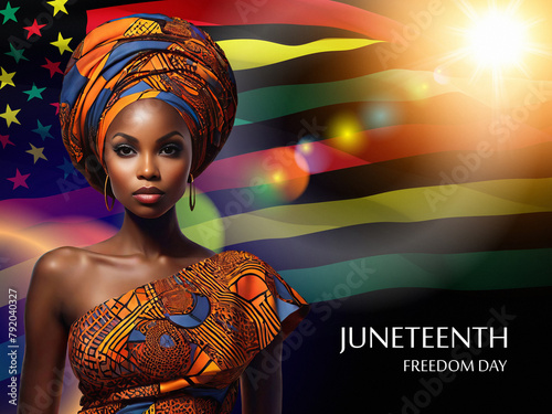African American woman wearing an African turban with Juneteenth flag. Juneteenth. Freedom and equality concept. Black history month.
