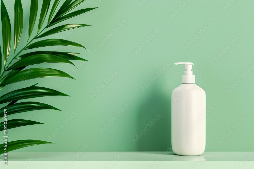 A white bottle of lotion sits on a shelf next to a green leaf. Concept of freshness and natural beauty