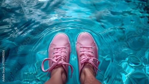 Person in pink shoes stands in a shimmering pool, dipping their toes in blue water. Concept Outdoor Photoshoot, Shimmering Pool, Pink Shoes, Blue Water, Playful Pose