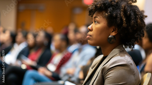 Mulher afro assistindo uma palestra no trabalho photo