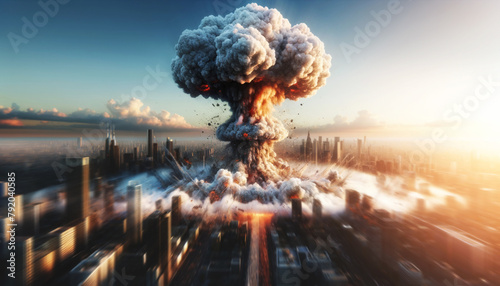 Apocalyptic Cityscape with Explosive Destruction of Atomic Bomb photo