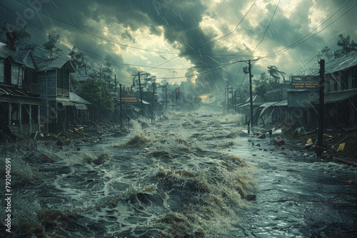 The meeting point of a hurricane and a coastal town, portraying the collision of powerful winds and human settlements. Concept of severe weather impact on communities. Generative Ai. photo