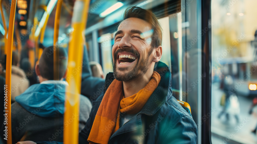 Homem sorrindo no transporte publico  - obrazy, fototapety, plakaty 