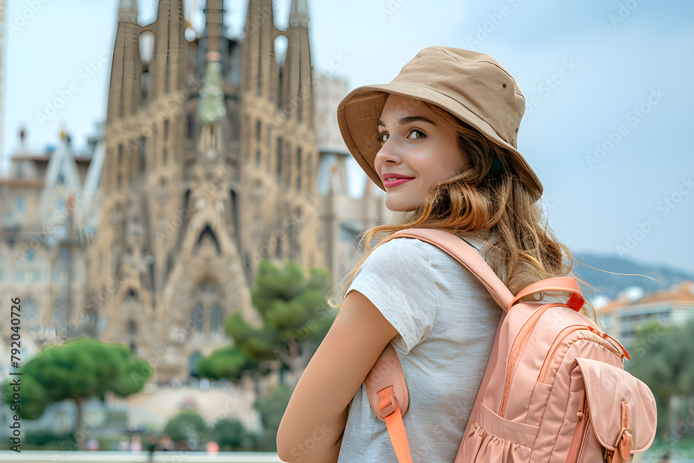 Young woman in hat and T-shirt with peach backpack stands against the background of the Sagrada Familia