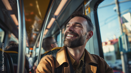Homem sorrindo no transporte publico  photo