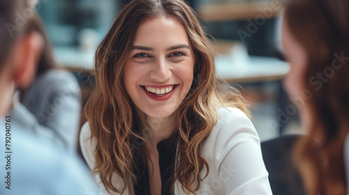 Mulher sorrindo em um escritório durante uma reunião  photo