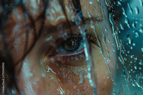 A woman's face is blurred by raindrops on a window. Concept of melancholy and introspection, as the woman's gaze is obscured by the rain. The droplets on the window create a melancholic atmosphere