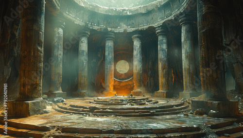 concept art of an ancient circular temple interior, with stone pillars and golden halo light around the central circle, the floor is covered in broken steps leading up to it. Created with Ai