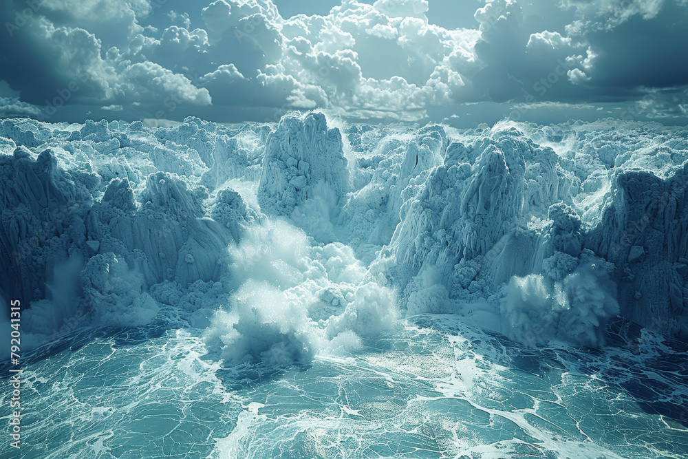 The confrontation of a heatwave and a melting glacier, symbolizing the collision of rising temperatures and shrinking ice masses. Concept of climate change impact on glaciers. Generative Ai. - obrazy, fototapety, plakaty 