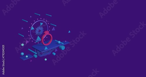 Pink diamond ring symbol on a pedestal of abstract geometric shapes floating in the air. Abstract concept art with flying shapes on the left. 3d illustration on deep purple background