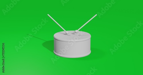 Isolated realistic white drum symbol front view with shadow. 3d illustration on green chroma key background