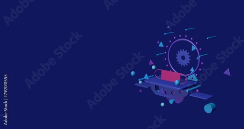 Pink mask symbol on a pedestal of abstract geometric shapes floating in the air. Abstract concept art with flying shapes on the right. 3d illustration on indigo background