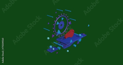 Red sports whistle symbol on a pedestal of abstract geometric shapes floating in the air. Abstract concept art with flying shapes in the center. 3d illustration on green background