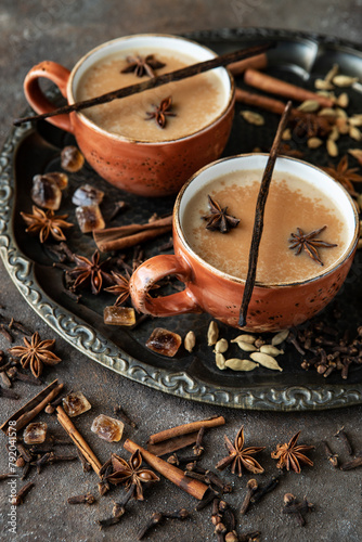 Indian masala chai tea. Spiced tea with milk  and spices
